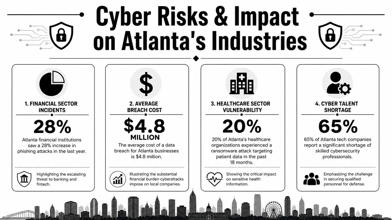 An infographic detailing cyber risks, data breach costs, and talent shortages within Atlanta's various industry sectors.