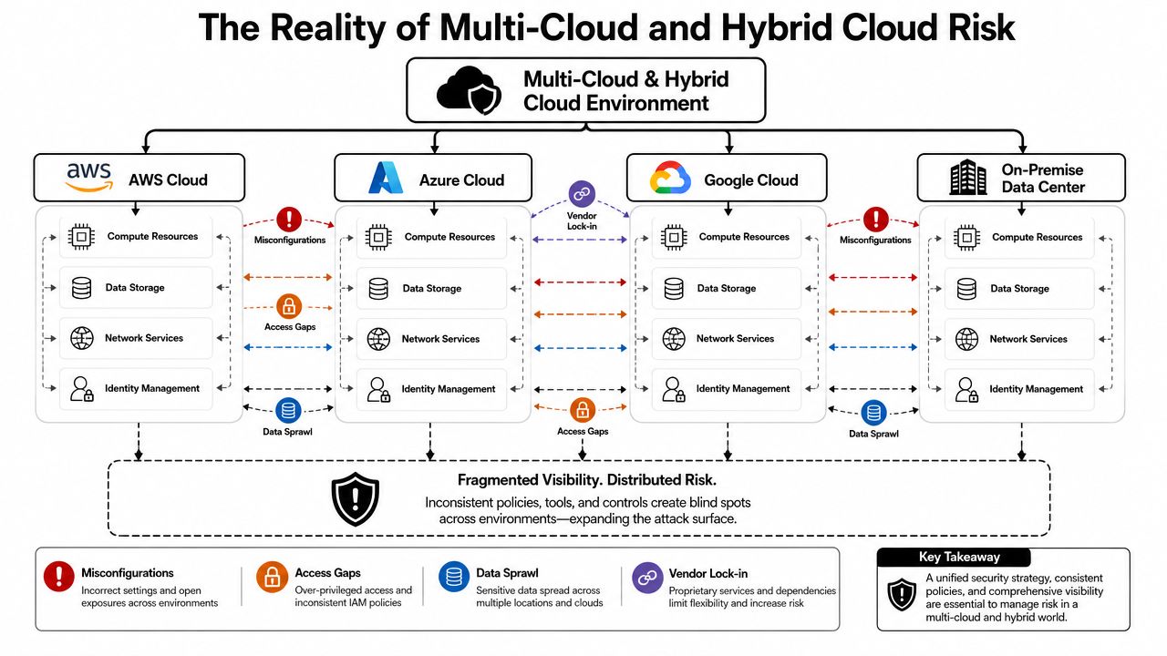A diagram illustrating the security risks of multi-cloud and hybrid cloud environments, including configuration, access, and visibility challenges.