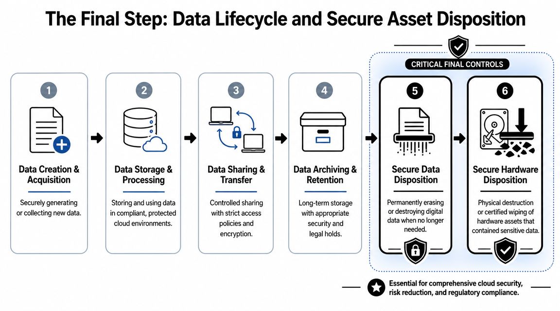 A six-step diagram illustrating the data lifecycle process from secure creation to final hardware disposition.