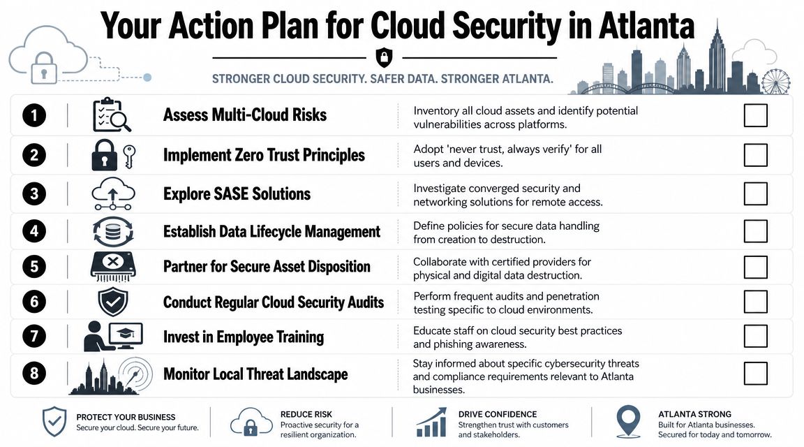 A checklist infographic outlining an eight-step action plan for cloud security tailored for Atlanta businesses.