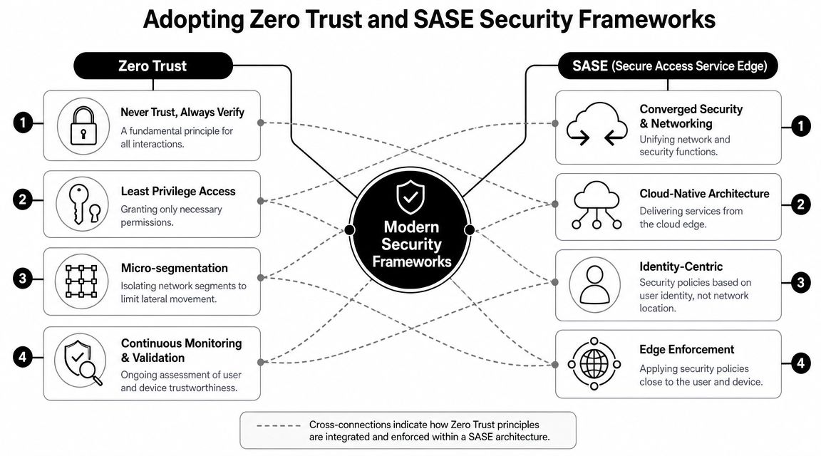 A diagram illustrating the integration between Zero Trust principles and SASE security frameworks for modern protection.