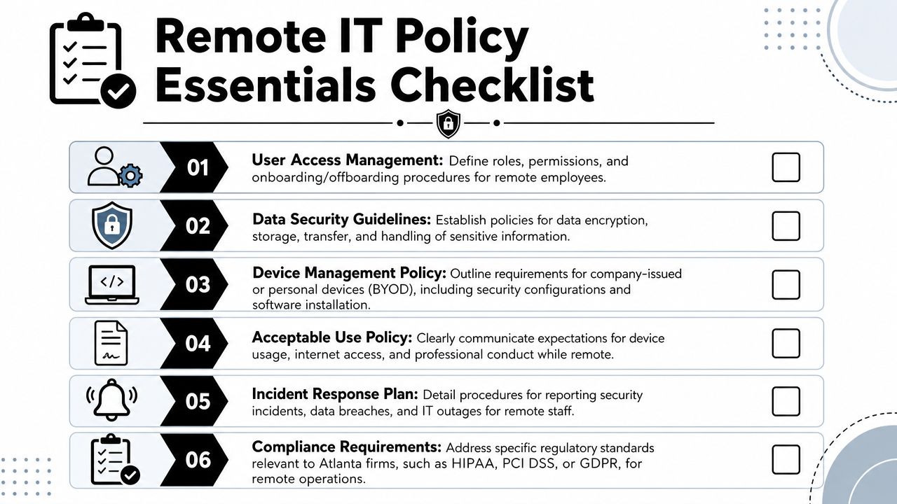 A checklist titled Remote IT Policy Essentials highlighting six critical areas for managing remote employees and cybersecurity.
