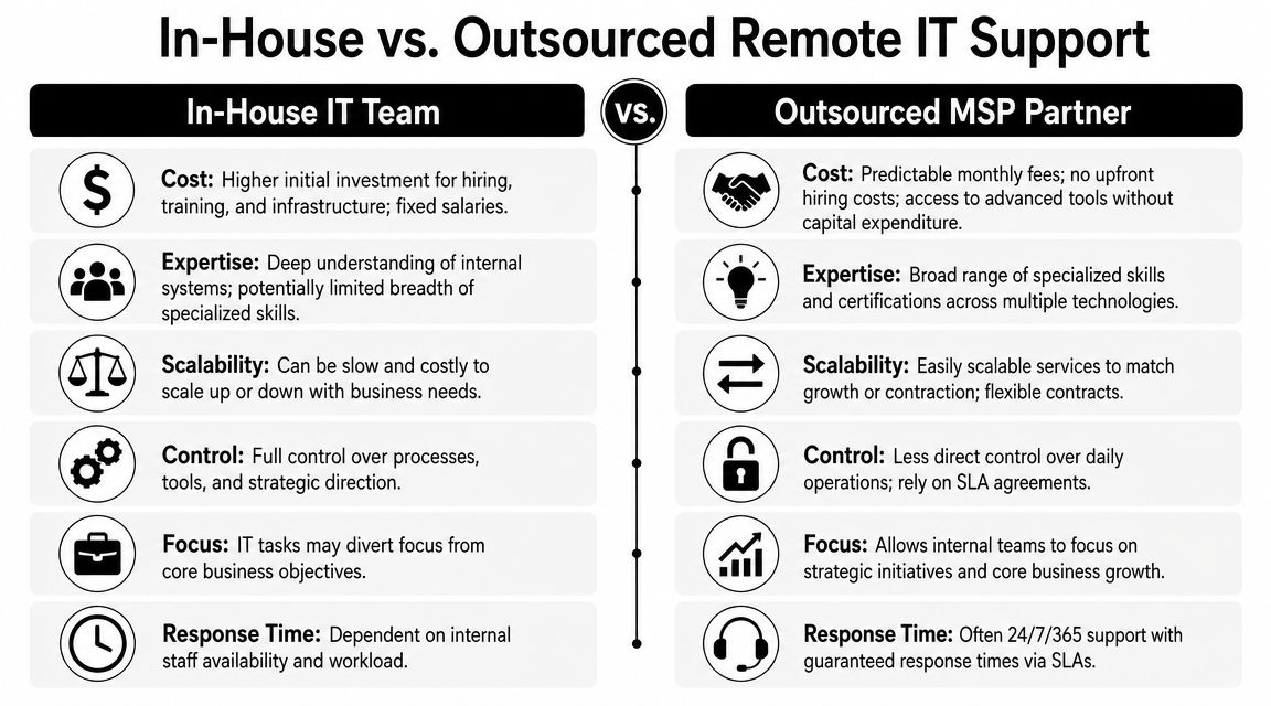 A comparison chart outlining the pros and cons of an In-House IT team versus an Outsourced MSP partner.