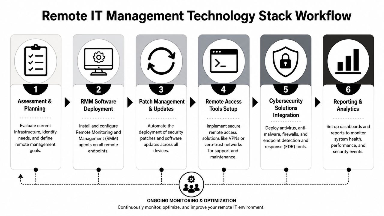 A workflow diagram illustrating the six essential steps for building a remote IT management technology stack.