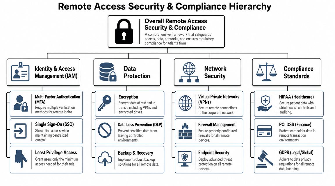 A hierarchical chart illustrating remote access security and compliance strategies for businesses, including identity, data, network, and standards.