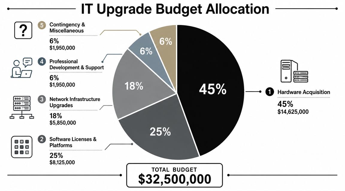 A pie chart showing the IT upgrade budget allocation of 32.5 million dollars across five different project categories.