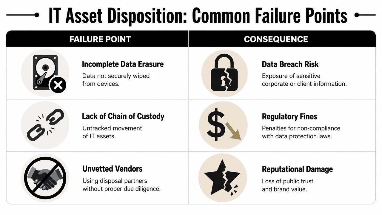 A chart illustrating common IT asset disposition failure points, including data erasure, chain of custody, and vendor vetting.