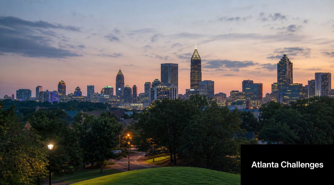 The Atlanta, Georgia skyline featuring illuminated skyscrapers at sunset viewed from a grassy hilltop park.