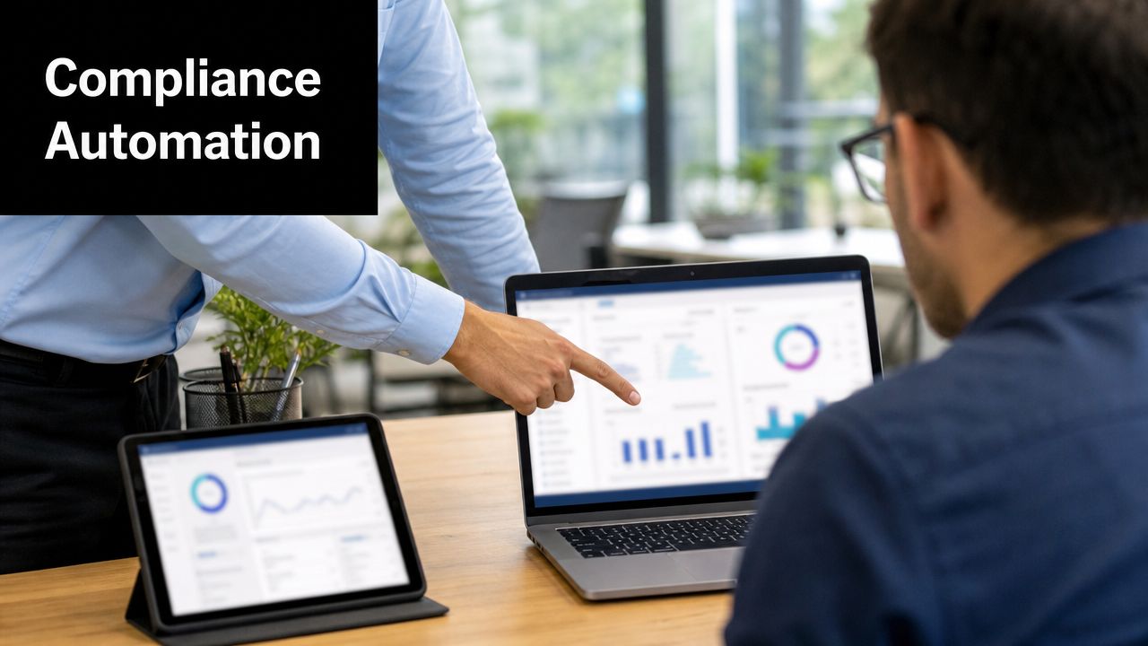 A professional business meeting with two men discussing data analytics on a laptop and tablet screen.