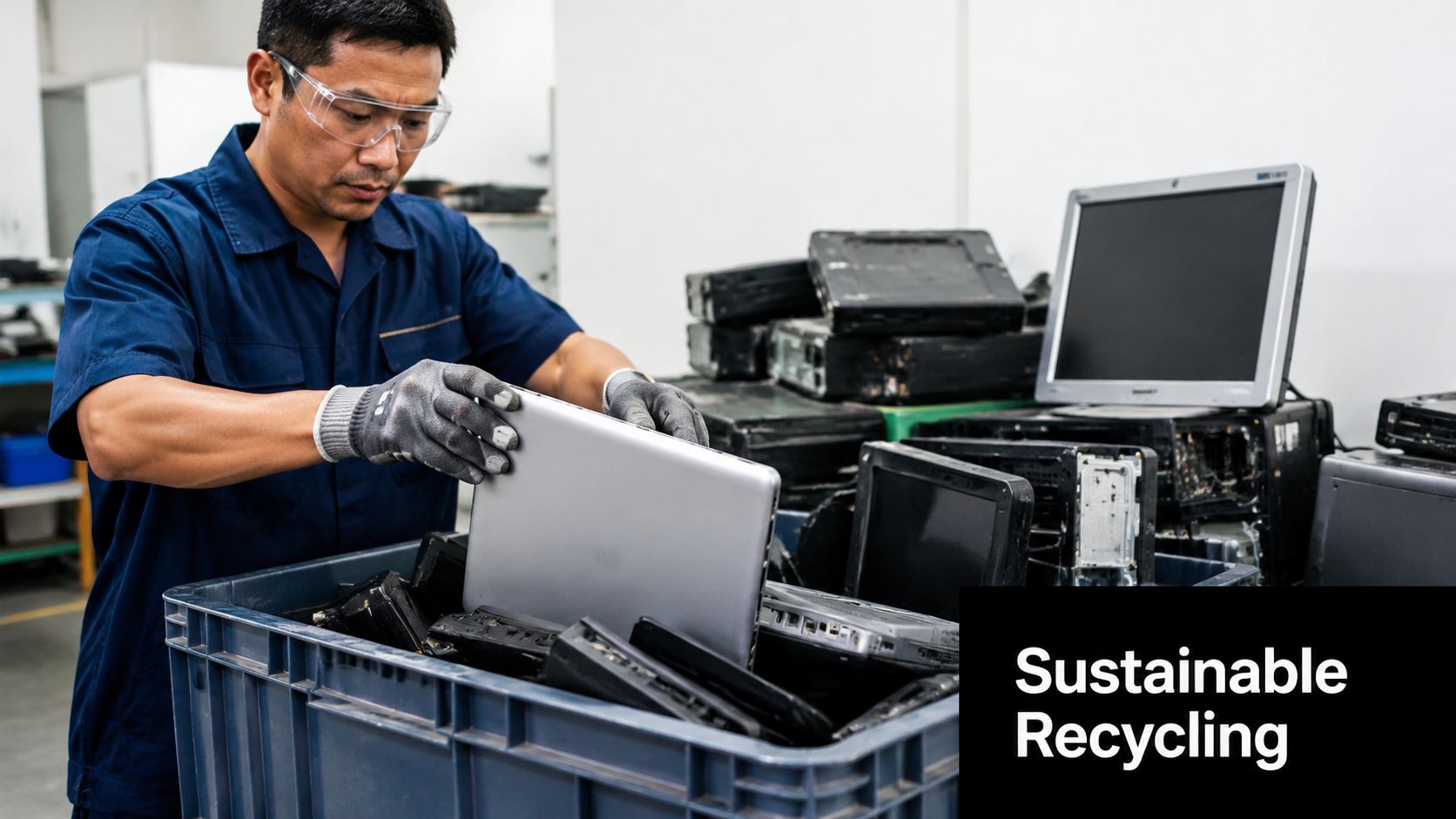 A technician wearing safety glasses and gloves sorts recycled laptop computers into a large plastic bin.