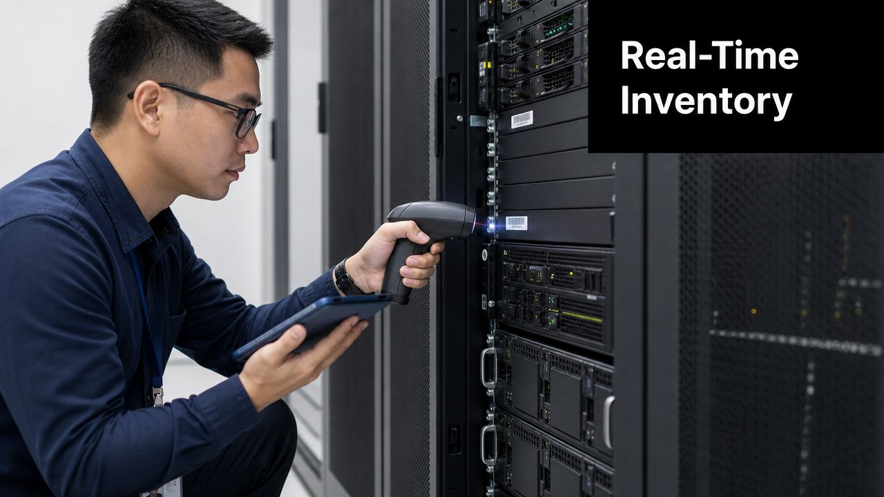 A technician scanning a server rack label with a barcode scanner while holding a tablet in a data center.